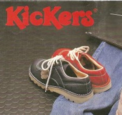 Advert for Kickers shoes - one blue shoe, one red shoe.