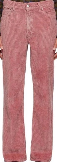 Salmon pink needle cord trousers.