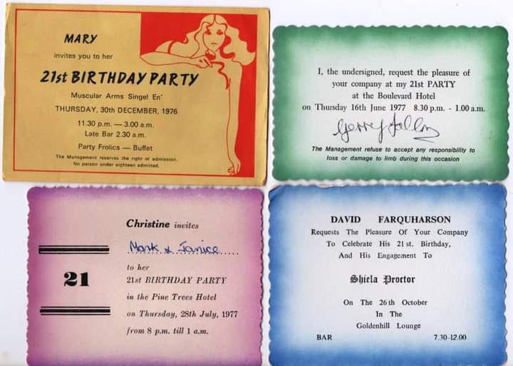 Four brightly coloured invitations to various 'Celebration' parties.