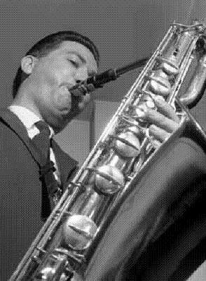 B/w image of baritone saxophone player Ronnie Ross.