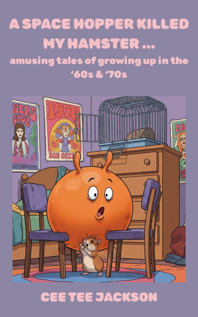 Book cover. Purple / violet background. Shows a 1970s style bedroom with psychedelic posters on the wall. An empty hamster cage, with door open, sits on top of a chest of drawers. On the floor, a large orange Space Hoppe with a look of surprise on its face is jammed between two chairs and a hamster is preparing to sink its teeth into it.