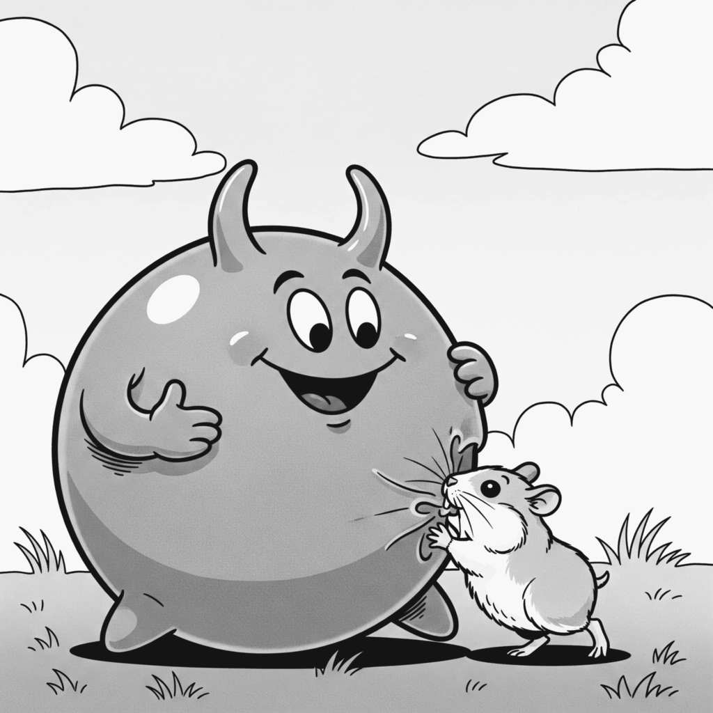 Black & white image of a happy looking space hopper and a hamster biting the hopper's skin.